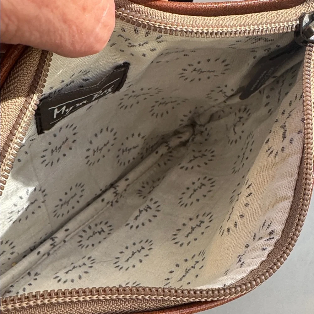 Myra Bag Boho Tan & Cream Patterned Floral Wristlet w/leather Trim